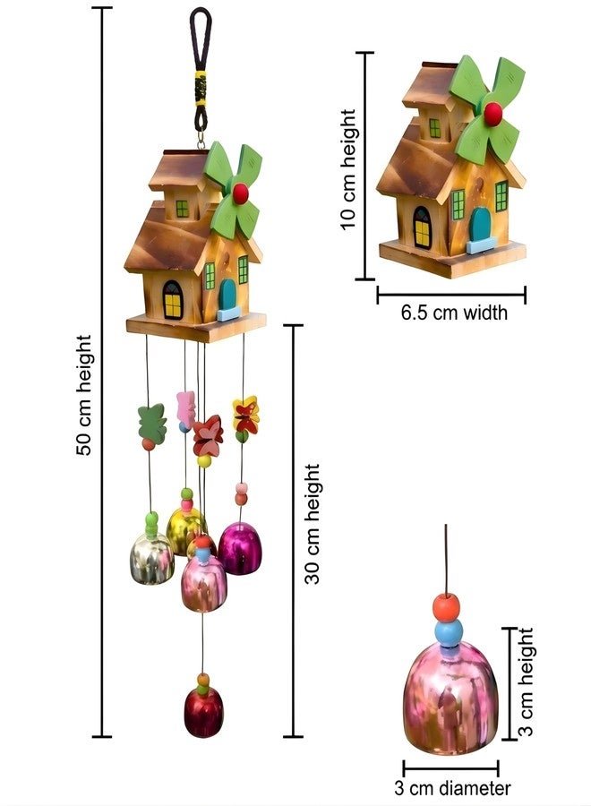 sculpmart Wooden Home Shape Wind Chime with Windmill - 5 Multicolour Bells for Home & Balcony | Gifting & Home Decoration with Melody Sound (Multicolour 5 Bell) - Image 3